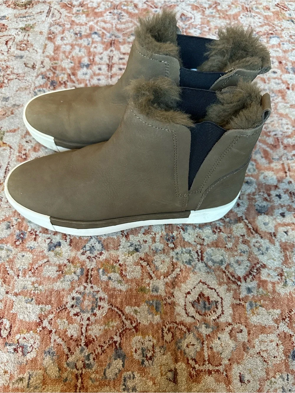 J Slides Olive Brown Slip-On Ankle Booties with White Sole